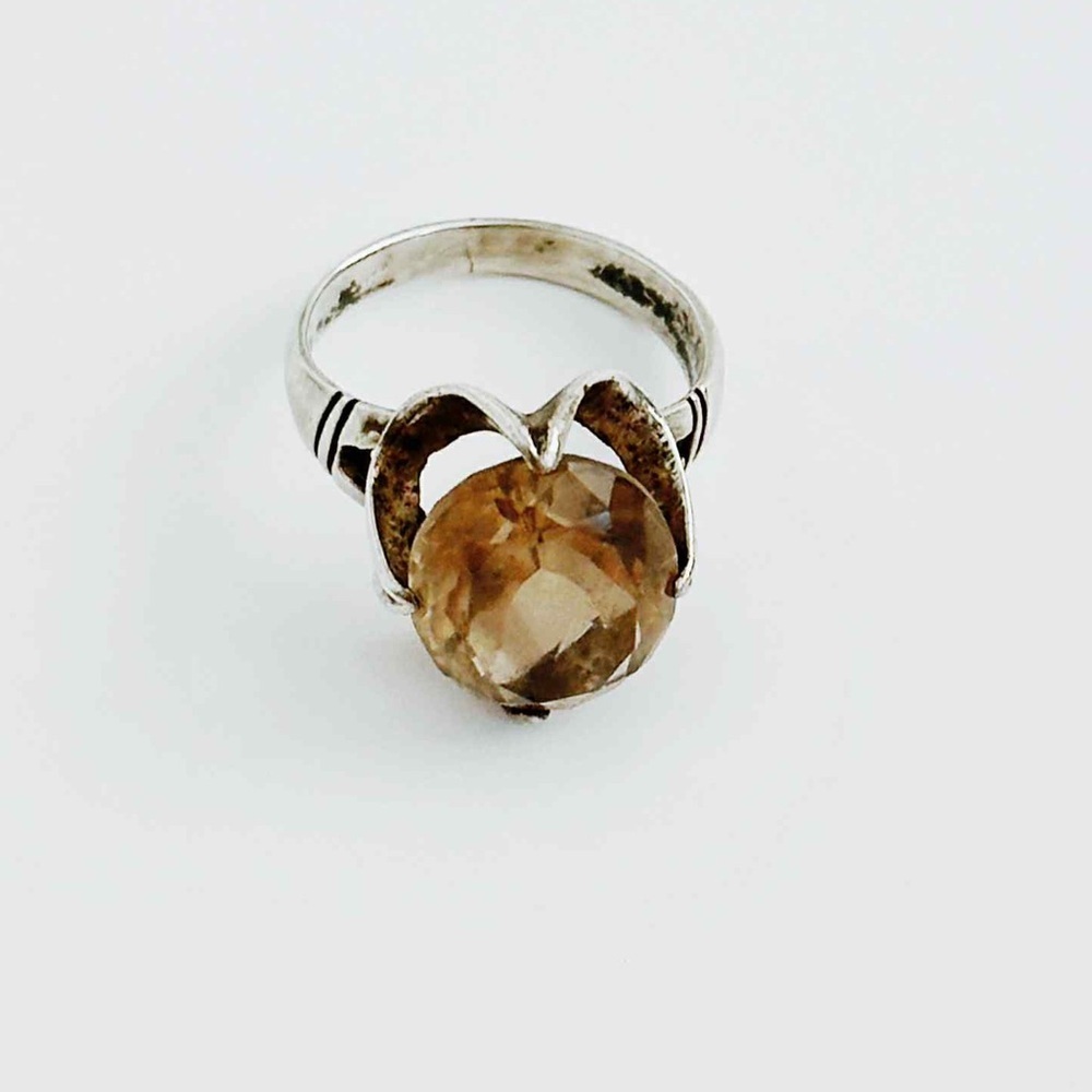 Vintage Sterling Silver Large Faceted Smoky Quartz - Picture 4 of 16